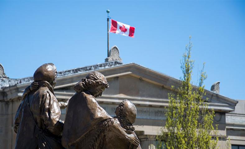 A statue in front of Liuna Station Hamilton Ontario