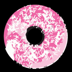 Graphic a pink donut against a black background